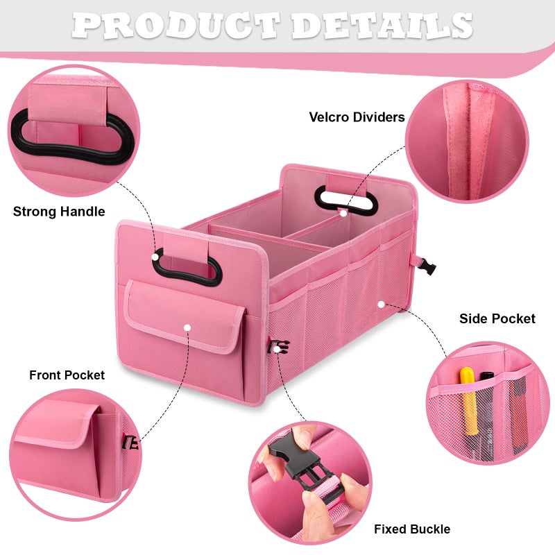 JiatuA Car Trunk Organizer, Car Organizers and Storage Collapsible Multi Compartment Container Box, Adjustable Car Accessories for SUV Sedan Truck, Standard Size, Pink - Image 3
